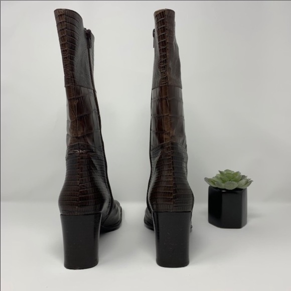 VIA SPIGA BROWN CROC EMBOSSED LEATHER CALF BOOTS - Picture 3 of 6